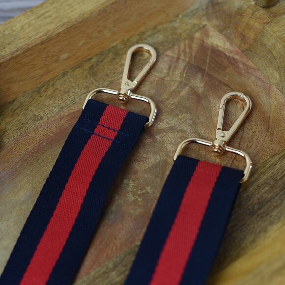 Navy Blue Red Preppy Stripe Adjustable Crossbody Bag Purse Guitar Strap - Picture 2 of 4